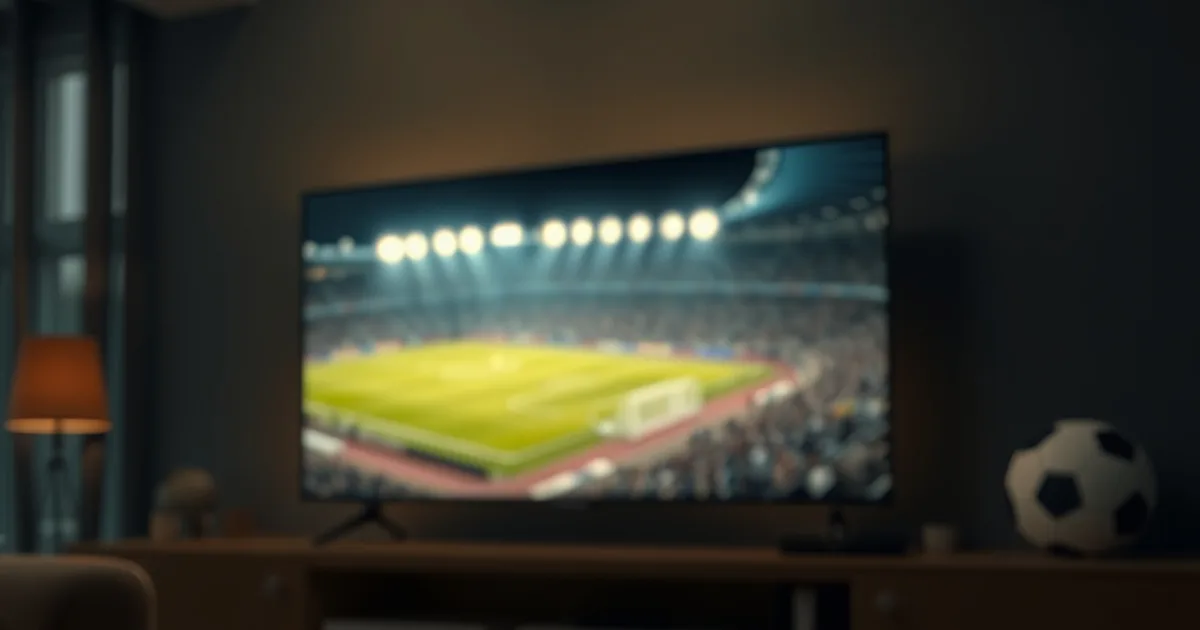 Une Android Box branchée sous un téléviseur, dans un salon sombre, avec la lueur d'un stade de football à l'écran en arrière-plan.