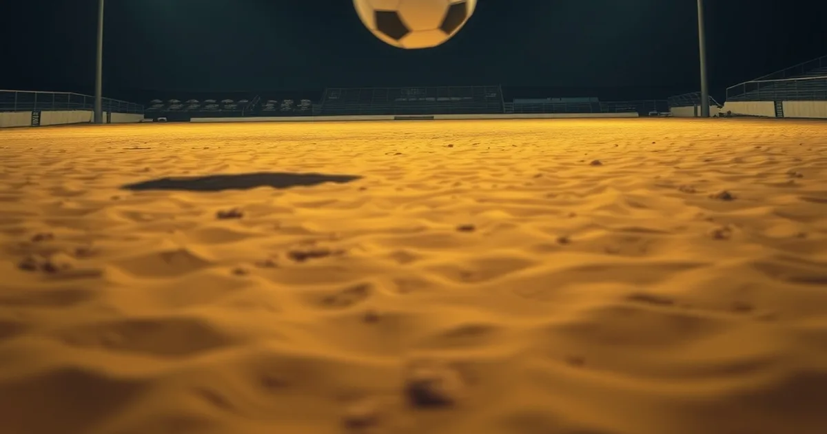 Terrain de beach soccer illuminé de nuit en bord de mer, ballon suspendu en pleine action