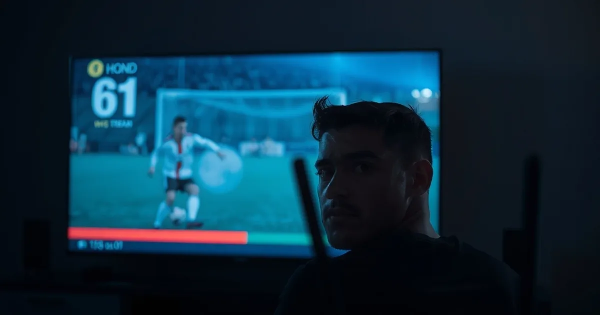 Un supporter sénégalais regarde un match de football de nuit quand le flux se fige soudainement sur son téléviseur, éclairage bleuté dans un salon plongé dans la pénombre
