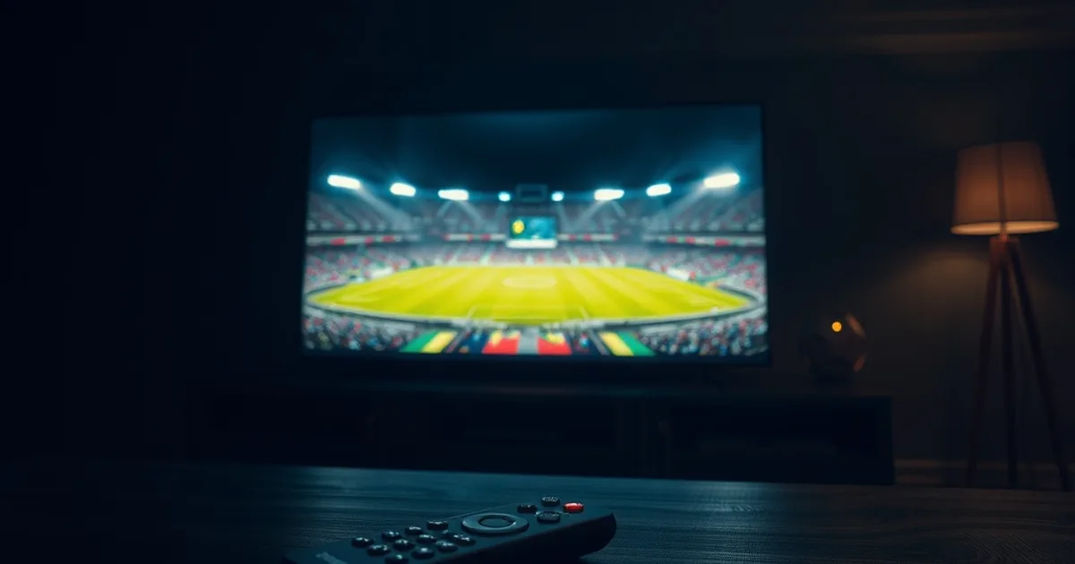 Salon plongé dans la pénombre avec un écran diffusant un stade de football éclairé de nuit, ambiance premium et cinématographique