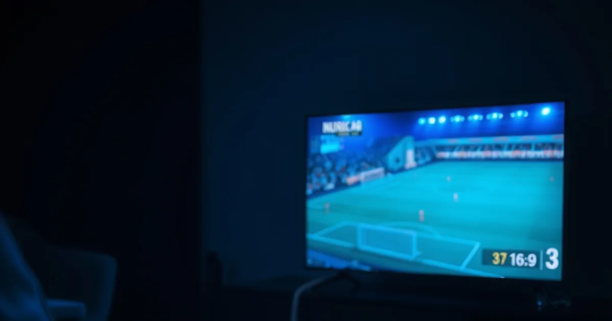 Salon plongé dans la pénombre au Sénégal, éclairé par l'écran d'un téléviseur diffusant un match de football en direct, avec une box IPTV reliée par câble Ethernet.