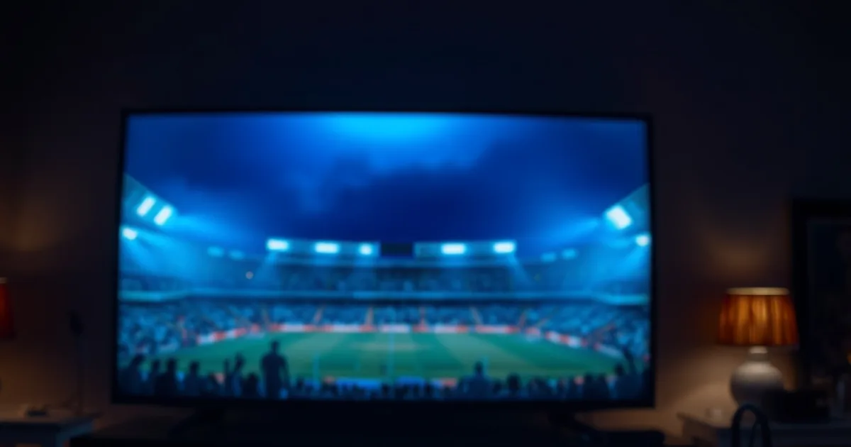 Salon plongé dans la pénombre avec une télévision qui diffuse la lueur d'un stade de football éclairé, boîtier de streaming et télécommande au premier plan