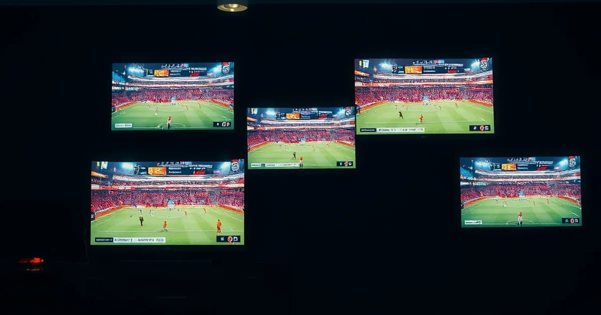 Trois écrans sombres diffusant chacun un match de football différent, ambiance cinématique nocturne dans un salon.