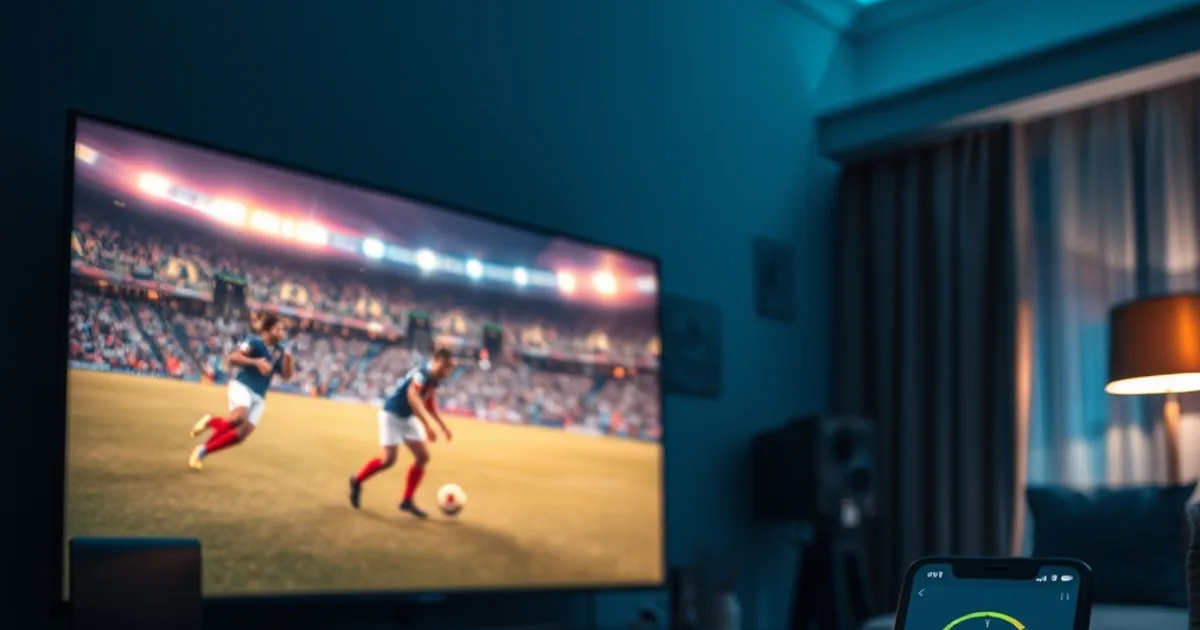 Salon sombre et cinématographique à Dakar avec un match de football diffusé en 4K, câble Ethernet visible entre le routeur et le boîtier IPTV