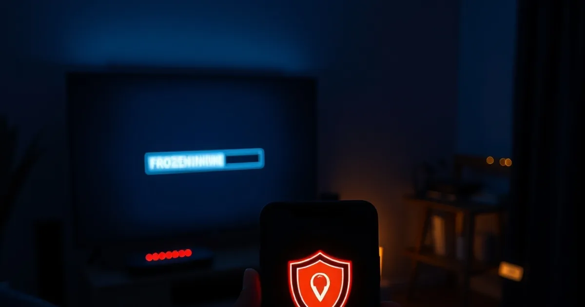 Salon sombre la nuit avec un écran de télévision figé en buffering et un routeur aux voyants rouges, un smartphone affichant une icône VPN au premier plan