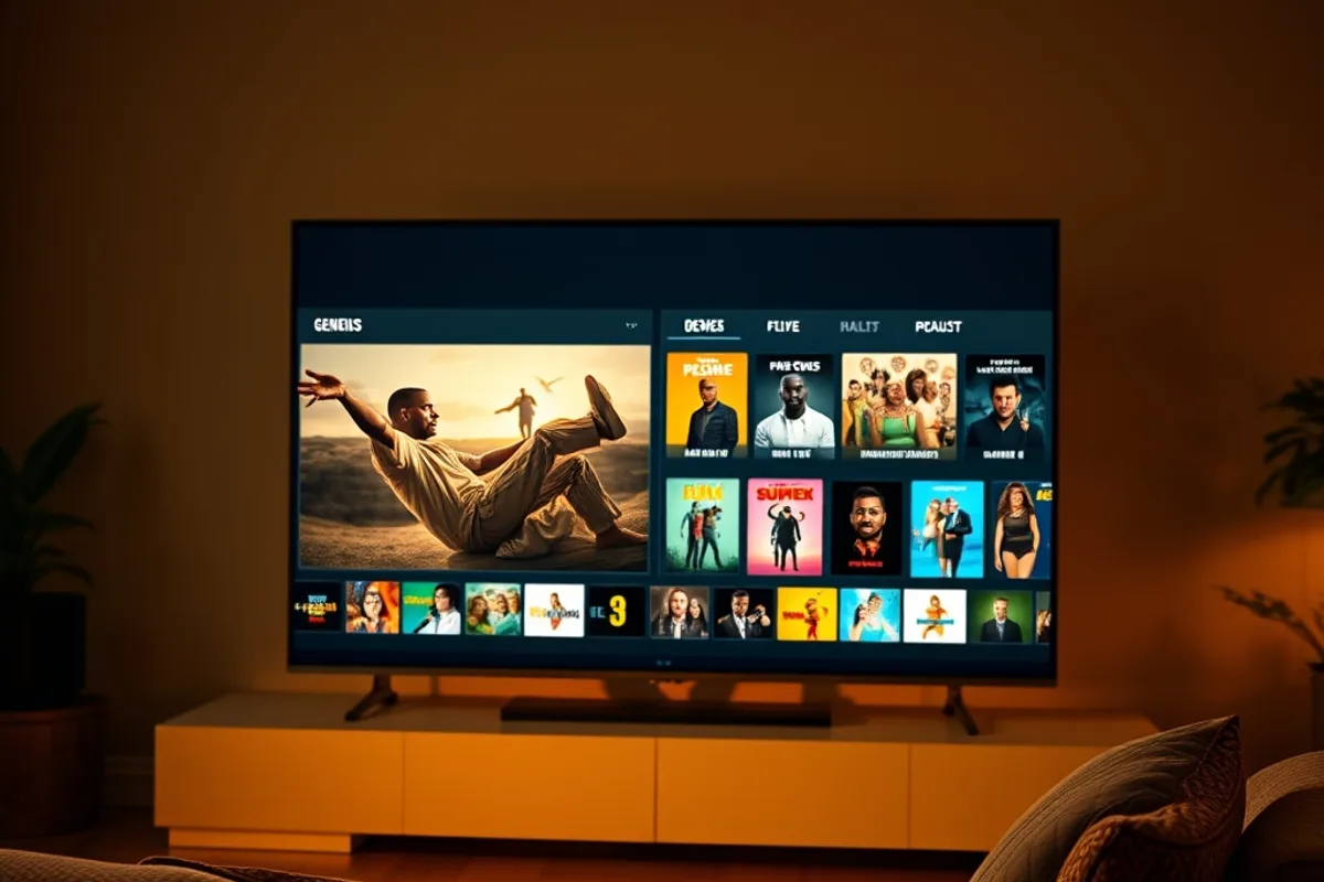 Téléviseur dans un salon sénégalais montrant une grille de chaînes locales, les bouquets internationaux et bouquets africains, illustrant un abonnement IPTV tout-en-un pas cher
