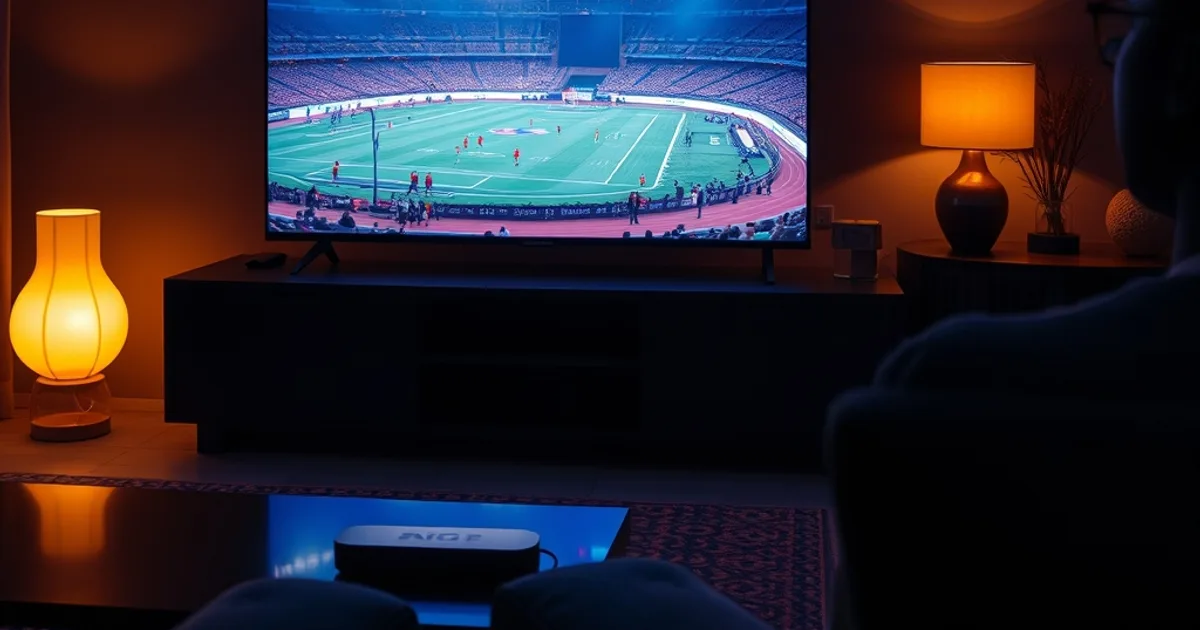 Salon sénégalais sombre et élégant avec une télévision 4K allumée diffusant une scène de stade, ambiance cinématographique