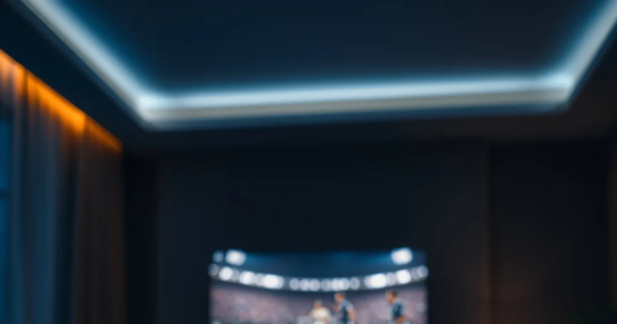 Salon sombre la nuit avec un téléviseur diffusant un match de football flouté et un smartphone affichant une application de streaming, ambiance clair-obscur évoquant le choix entre IPTV légale et illégale