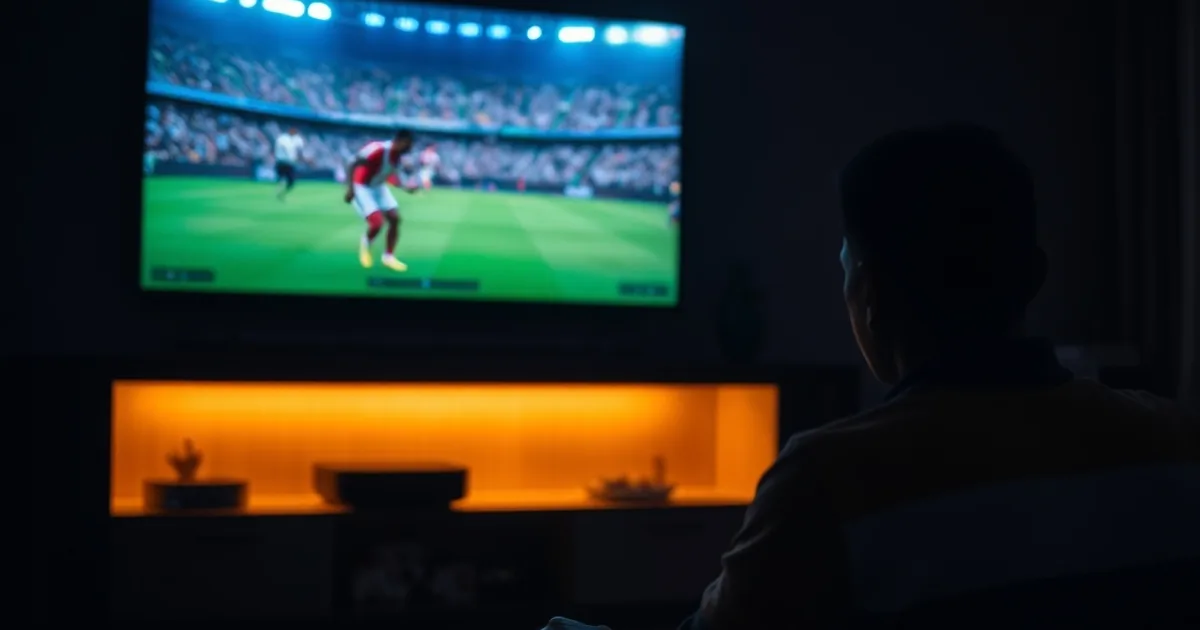 Salon familial sombre et cinématographique avec un match de football diffusé sur la télévision principale et une tablette allumée en arrière-plan montrant un autre contenu