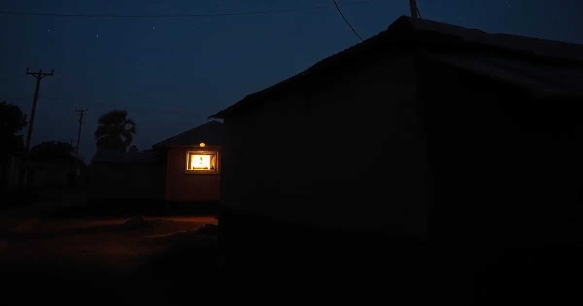 Antenne satellite installée sur le toit d'une maison en zone rurale du Sénégal, ciel nocturne étoilé et lueur d'un téléviseur visible à travers une fenêtre