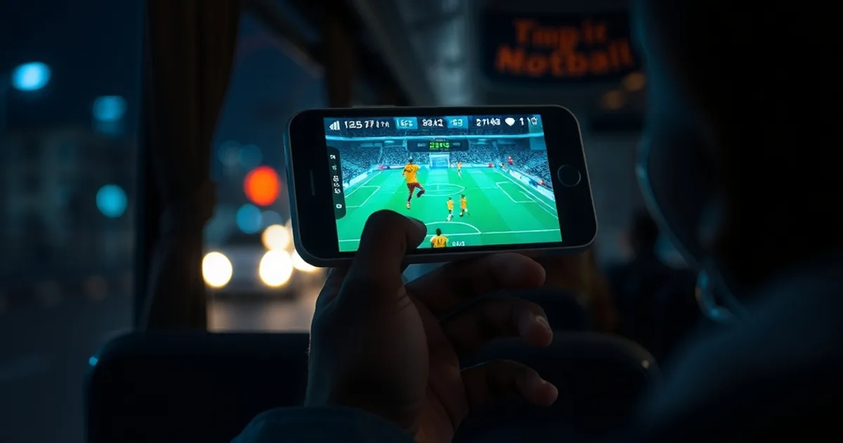 Une main tient un smartphone diffusant un match de football en direct dans un bus à Dakar la nuit, écran lumineux dans la pénombre.