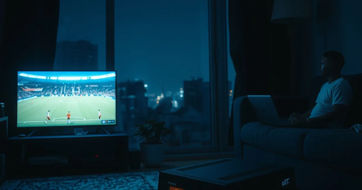 Salon plongé dans le noir pendant une coupure de courant, éclairé uniquement par l'écran d'un match de football en IPTV, avec un onduleur à voyants lumineux alimentant le modem et le routeur.