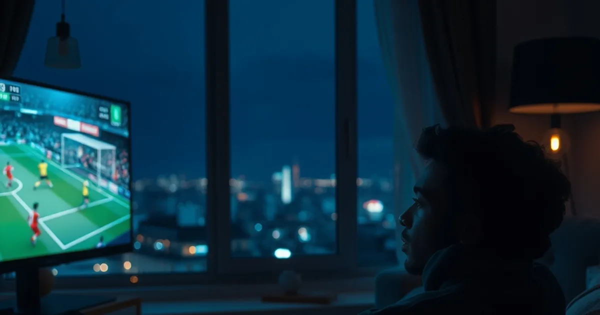 Un jeune Sénégalais installé en France regarde un match de football en direct sur grand écran dans son salon la nuit, lumière de la ville de Paris visible par la fenêtre