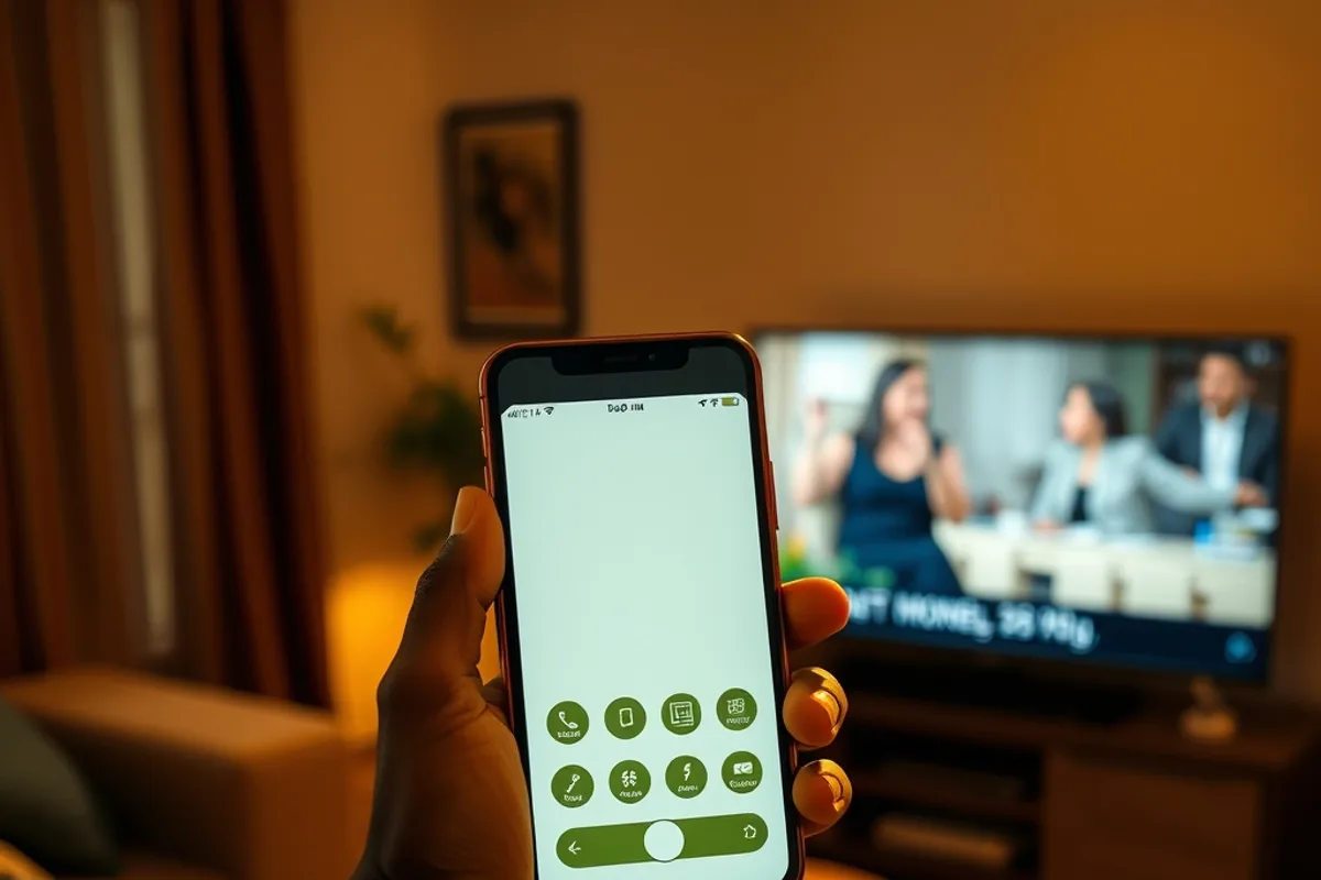Main tenant un téléphone qui affiche un paiement mobile money à côté d’un téléviseur, illustrant le règlement d’un abonnement IPTV pas cher par Wave ou Orange Money
