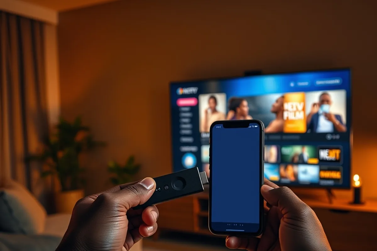 Une main tenant une clé de streaming et un téléphone affichant la même interface près d’un téléviseur, illustrant l’IPTV pas chère sur Smart TV, Firestick et mobile