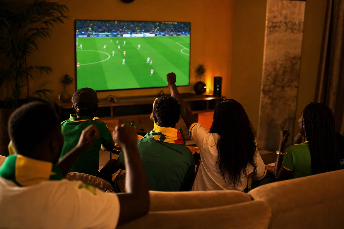 Match de football sur un grand téléviseur dans un salon sénégalais, des supporters réunis le soir devant les Lions de la Téranga
