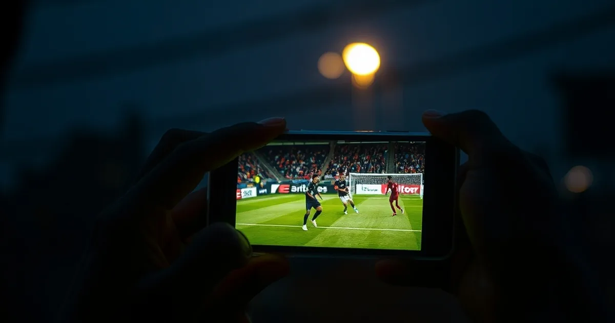 Main tenant un smartphone qui diffuse un match en direct, écran lumineux dans la pénombre