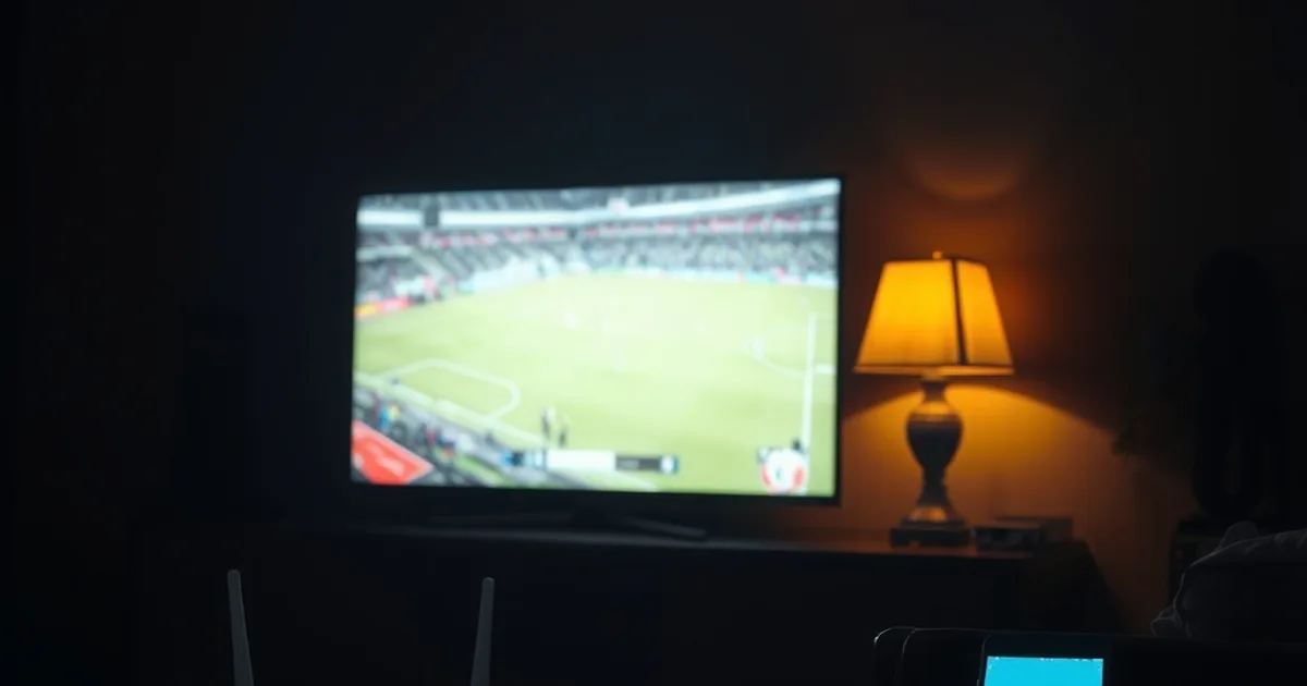 Salon sénégalais dans la pénombre avec une télévision diffusant un match de football et un câble Ethernet relié à un boîtier de streaming