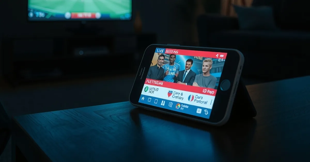 Salon plongé dans la pénombre, éclairé par la lueur bleutée d'un match de football en direct à la télévision, avec un smartphone affichant une application d'actualités posé à côté.