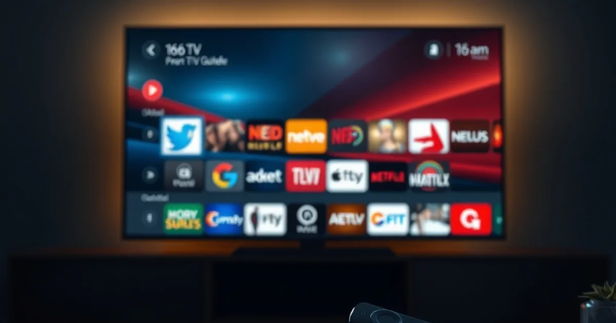 Télécommande et boîtier Android TV devant un écran affichant une interface de lecteur IPTV dans une pièce sombre et cinématique