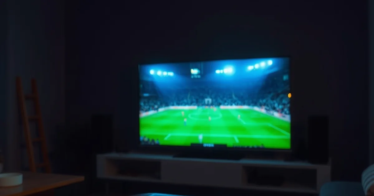 Salon plongé dans la pénombre avec une télévision diffusant un match de football en fond, boîtier de streaming posé sur une table au premier plan