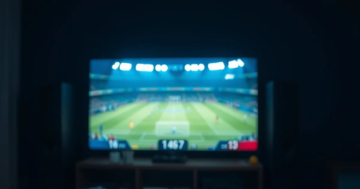 Salon sombre éclairé par un écran de télévision diffusant un match de football en direct, avec une télécommande et un smartphone posés à proximité