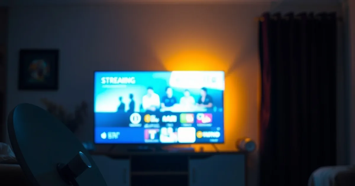 Salon sénégalais sombre et cinématographique avec une parabole et un décodeur câble éteints au premier plan, et un écran de streaming allumé en arrière-plan, symbolisant la transition du câble vers l'IPTV.