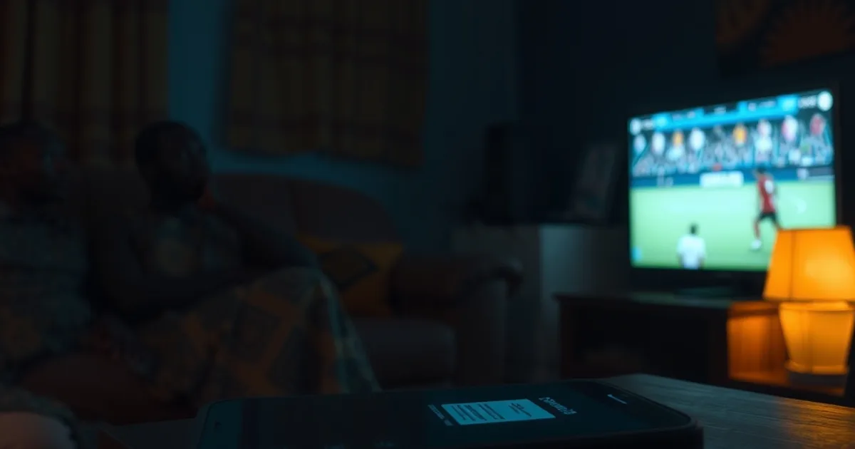 Salon plongé dans la pénombre, silhouettes regardant un match de football sur un écran lumineux, avec un smartphone posé au premier plan symbolisant la vérification d'une source légale.