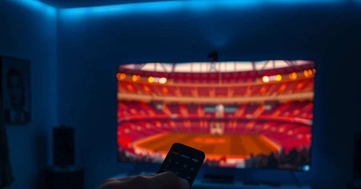 Main tenant une télécommande de boîtier de streaming dans un salon sombre, écran de télévision qui diffuse une lueur évoquant un stade de football la nuit