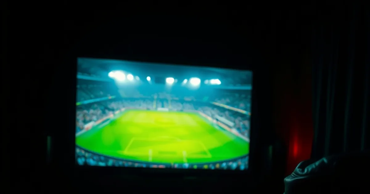 Salon plongé dans le noir, écran de télévision éclairant la pièce avec un stade de football illuminé, ambiance nocturne avant le coup d'envoi