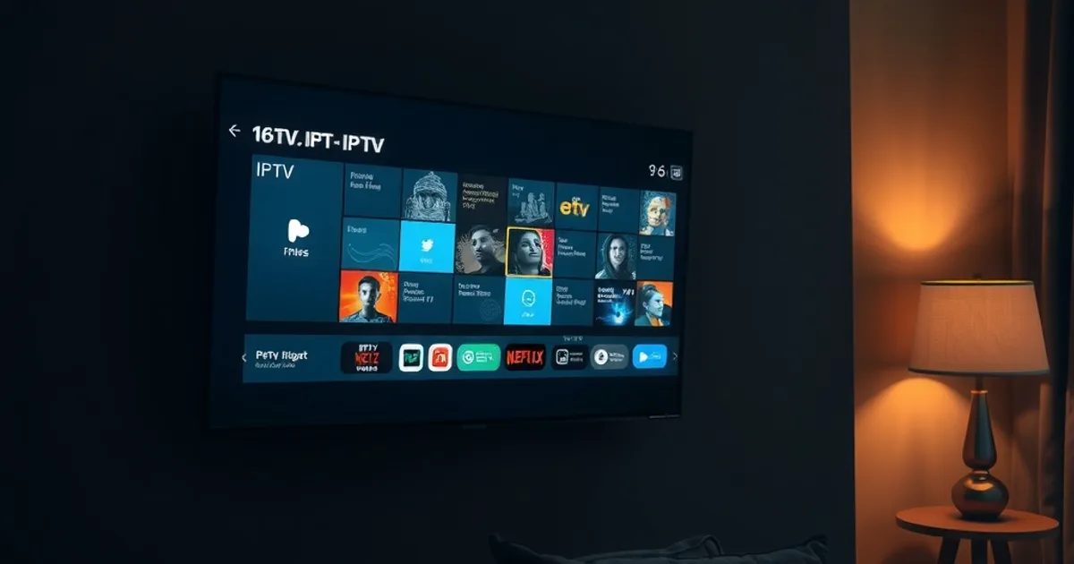 Téléviseur Smart TV allumé dans un salon sombre, affichant l'interface d'une application IPTV