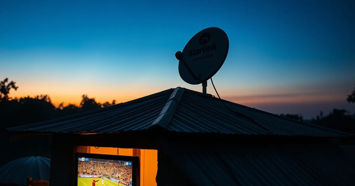 Antenne Starlink installée sur un toit de tôle au crépuscule, lueur d'un match de football diffusé à l'intérieur d'une maison en zone rurale sénégalaise