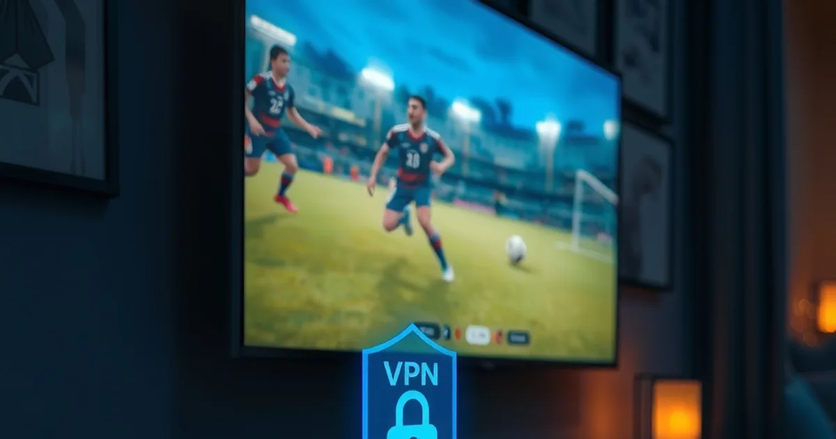 Box IPTV et télécommande posées sous une télévision diffusant un match de football, avec un halo bleu symbolisant une connexion VPN active, dans une ambiance nocturne sombre et premium.